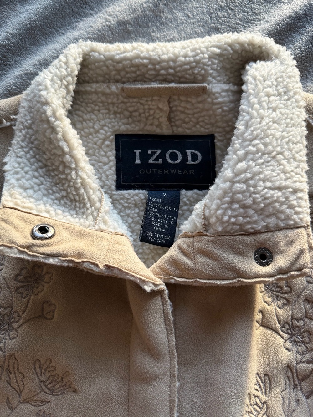 Izod Cream Embroidered Shearling-Trim Jacket - Picture 3 of 4